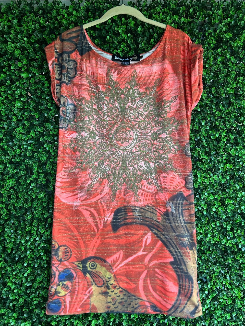 Desigual Orange & Black Ornate Medallion Shift Dress Gold Thread L